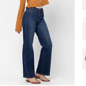 Judy Blue Jeans Wide Leg Trouser Denim High Rise Front Seam Stretch Dark Wash 28